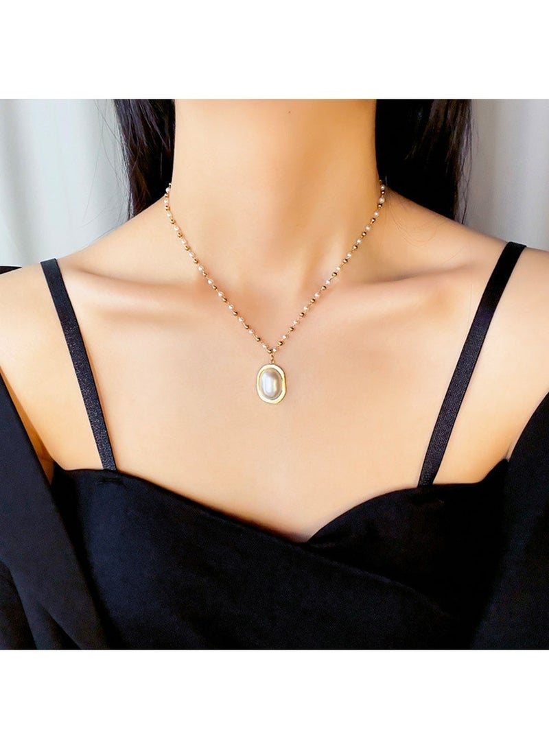 Pearl Necklace for Women with Oval Pendant & Seed Pearls, Gold-Plated Classic Elegant Jewelry for Daily and Special Occasions, Ideal Gift for Her - Image 2